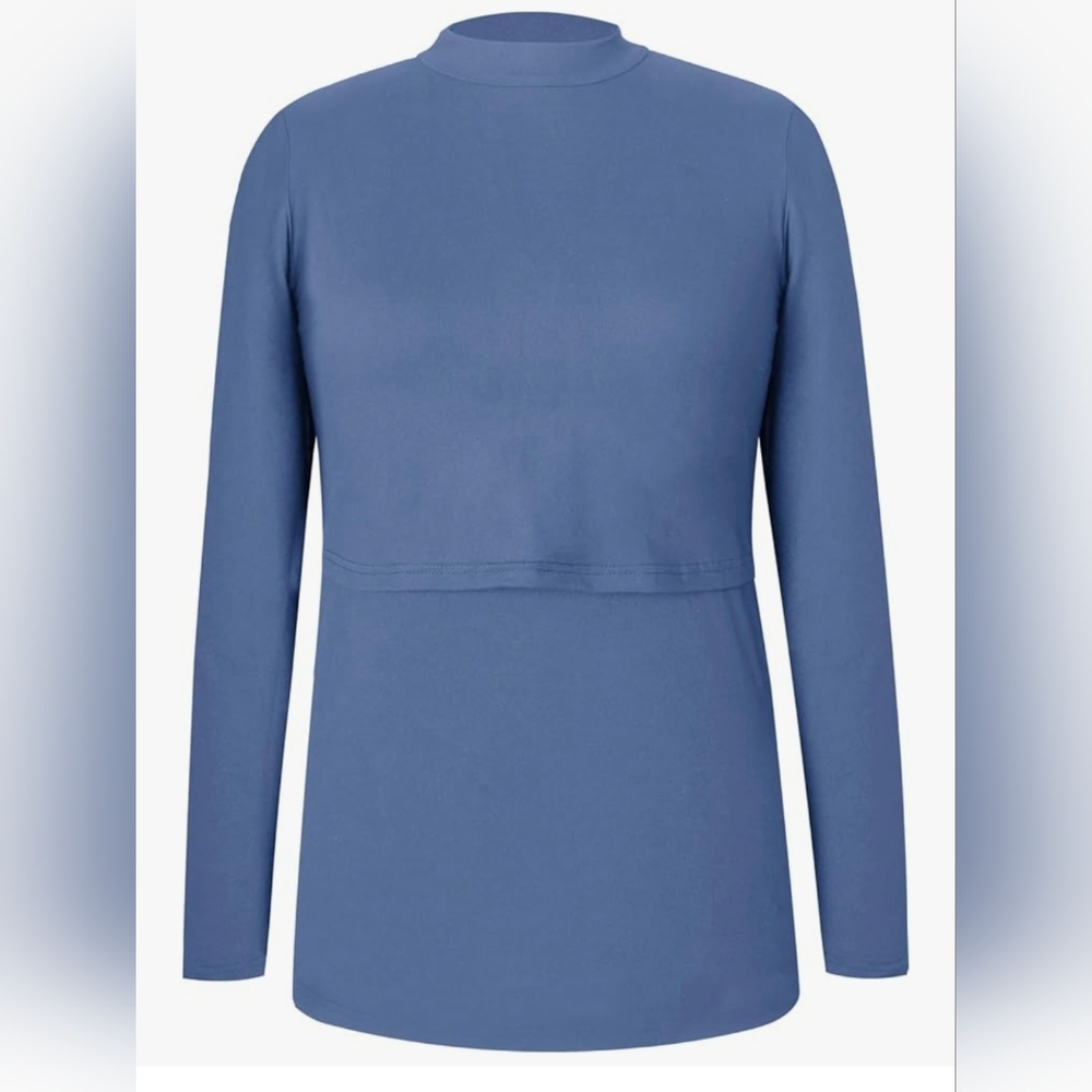 Smallshow Breastfeeding / Nursing Long Sleeve Mock Neck Top Light Dusty Blue